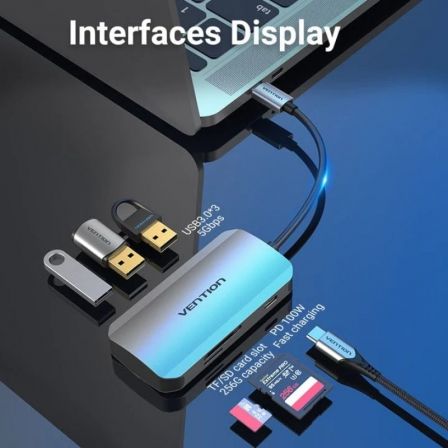 Vention TNHHB Docking USB Tipo-C con 3xUSB 3.0, 1xUSB-C PD 100W, Lector de Tarjetas SD/MicroSD, Color Gris Vention TNHHB Docking USB Tipo-C con 3xUSB 3.0, 1xUSB-C PD 100W, Lector de Tarjetas SD/MicroSD, Color Gris